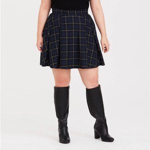 Navy Plaid Twill Mini Skater Skirt
